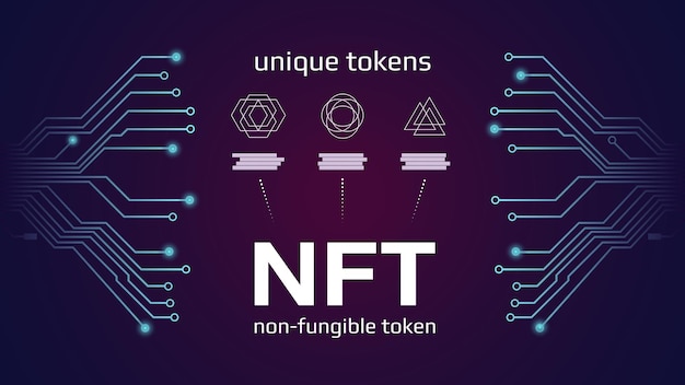 NFT nonfungible tokens infographics met pcb-tracks op donkere achtergrond Betaal voor unieke verzamelobjecten in games of kunst Vectorillustratie