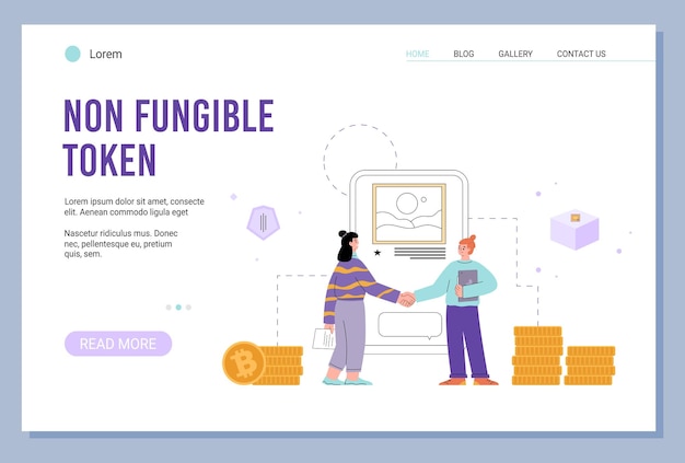 Illustrazione vettoriale piatta del mockup della pagina web del token univoco nft non fungibile