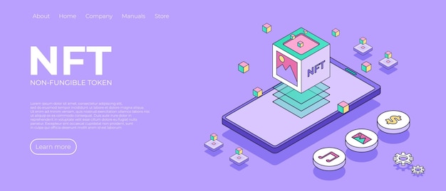 Pagina di destinazione del design del tema nft illustrazione del concetto astratto nft nel design isometrico blockchain o marketplace di token non fungibili nello smartphone design dell'illustrazione vettoriale