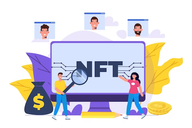 NFT theme isometric concept. Cryptographic art. Non-fungible token. Vector illustration.