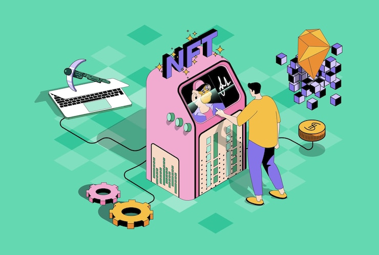 Vector nft token art concept in 3d isometric design man buying virtual paintings and electronic cryptographic artworks on online marketplaces vector illustration with isometry people scene for web graphic