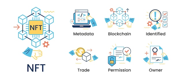 Vector nft token in blockchain technology in digital crypto art icons set