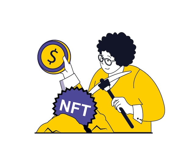ベクトル nft トークンのコンセプトとキャラクターの状況 女性は暗号通貨をマイニングし、サイバースペースのユニークなコレクション作品にお金を投資します web のフラットなデザインの人々 のシーンとベクトル図