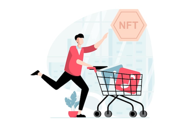 NFT token concept with people scene in flat design Man customer buying digital content at virtual auctions and investing cryptocurrency in art Vector illustration with character situation for web