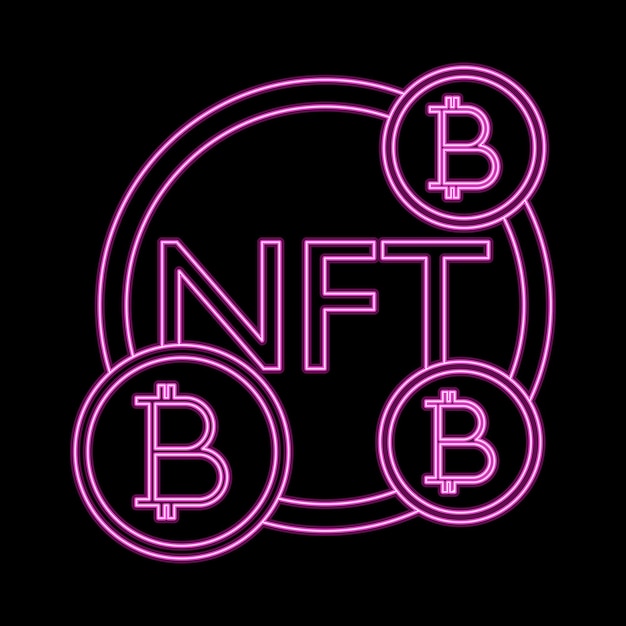 Vector nft token en bitcoin cryptocurrency neon vector symbool voor websites en mobiele apps