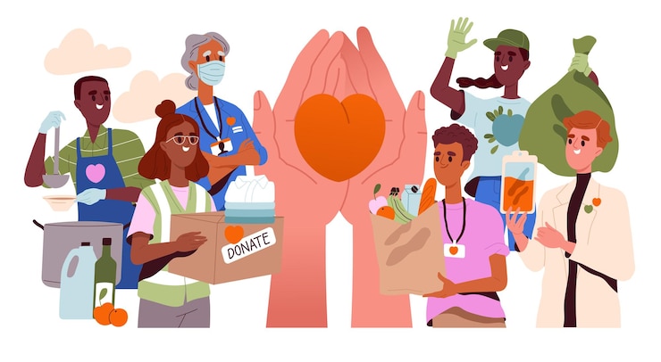 Vector ngo and volunteers group of men and women making charitable donations providing humanitarian aid to