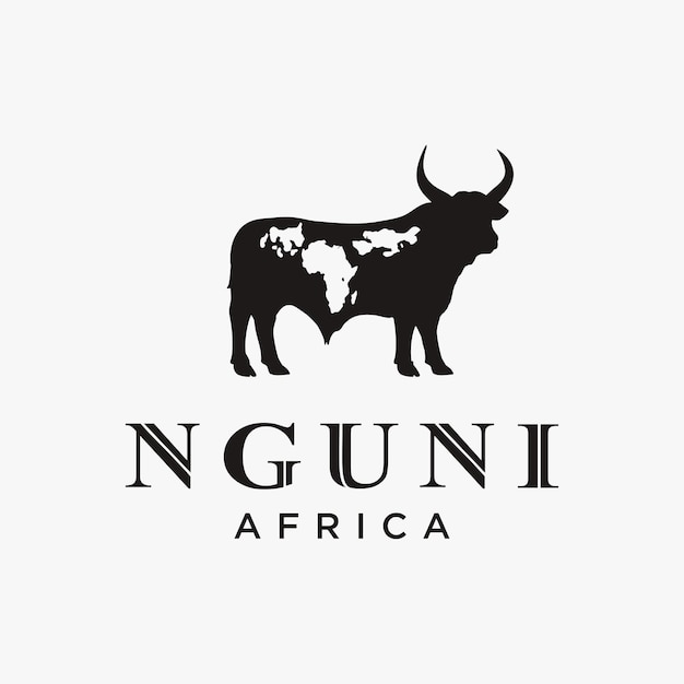 アフリカの単語マップマークと白い背景の上のnguniバッファロー牛ロゴアイコンベクトルテンプレート