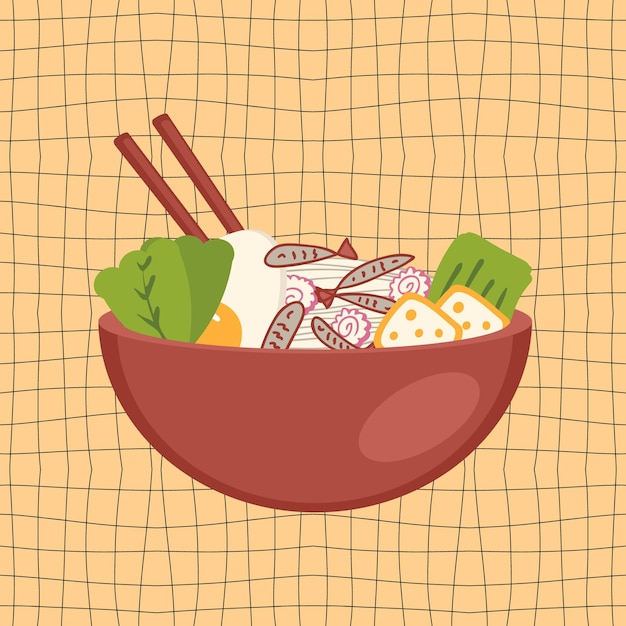 말린 아기 정어리를 곁들인 니보시 아시아 음식 라면 수프 티 스티커 메뉴와 편지지 벡터 그림 장식 및 디자인에 적합