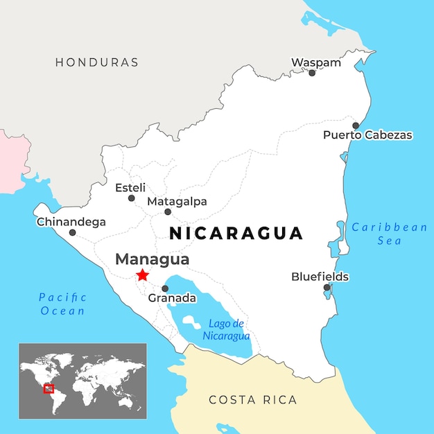 Карта Никарагуа с границами регионов и ее столицей