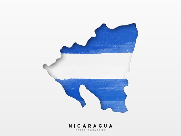 Подробная карта Никарагуа с флагом страны. Написана акварельными красками в цвета национального флага.
