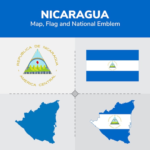 Vettore mappa del nicaragua, bandiera e emblema nazionale