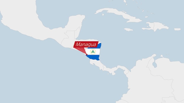 Nicaragua map highlighted in nicaragua flag colors and pin of country capital managua