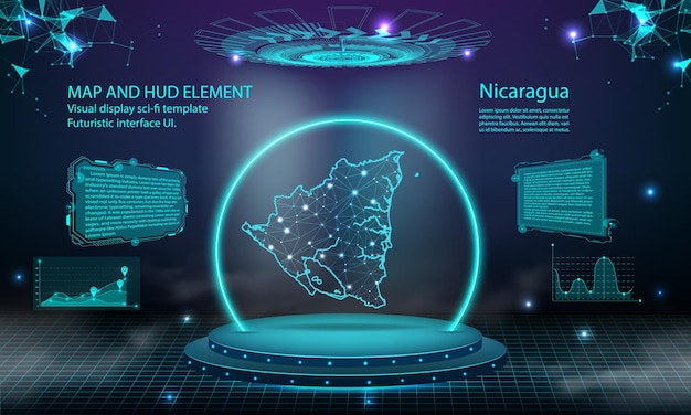 니카라과 지도 빛 연결 효과 배경 추상 디지털 기술 Ui Gui 미래형 Hud 니카라과 지도가 있는 가상 인터페이스 안개 속의 무대 미래 연단