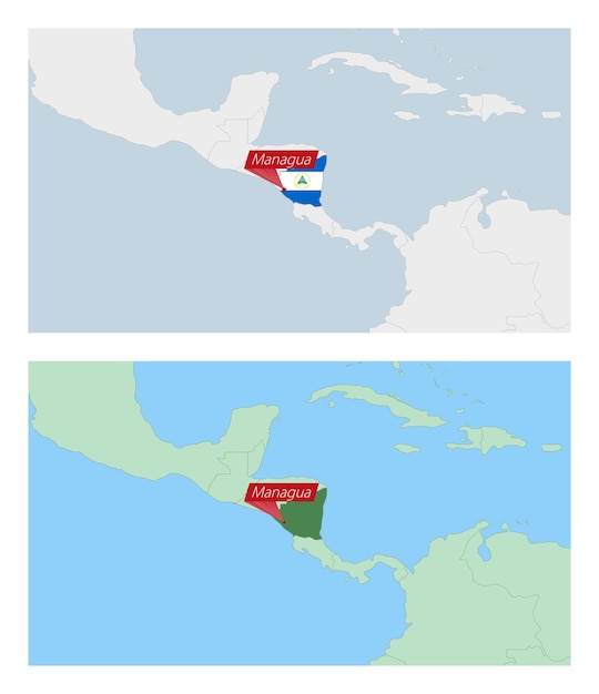 nicaragua map with pin of country capital two types of nicaragua map with neighboring countries