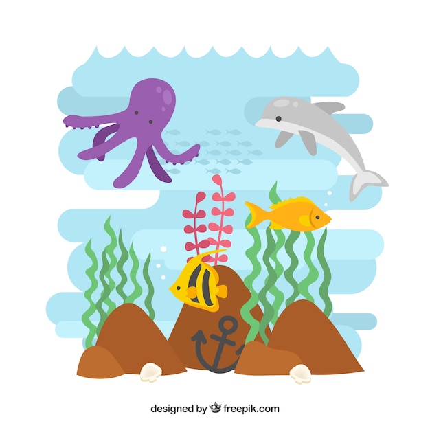 Vettore simpatici animali sotto il mare con alghe