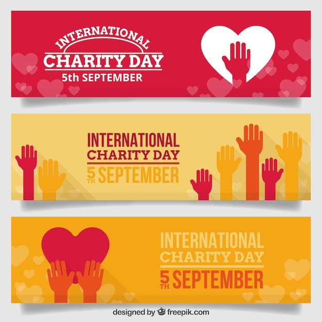 Nice banners charity day set of hands and hearts 