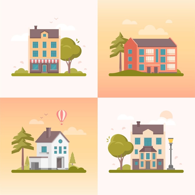 Nice buildings - set of modern flat design style vector illustrations on orange background. A collection of four images of different small houses, cafe, trees, lanterns, balloon, clouds, birds