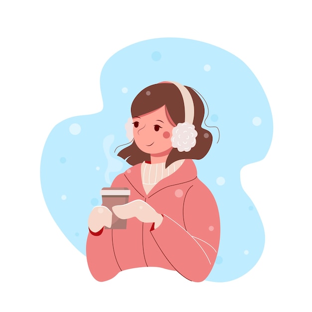 Nice cartoon pretty woman with a cup of coffee in winter.