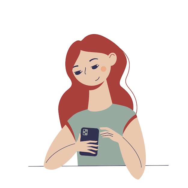 彼女の手に電話を持つ素敵な漫画の若い女性。