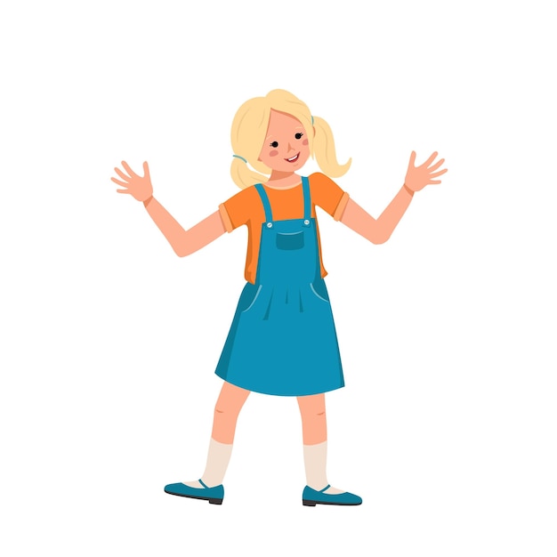 Nice cute girl in a denim sundress shoes with blond hair happy smiling kid dances hugs hands teenager with a face world international children day