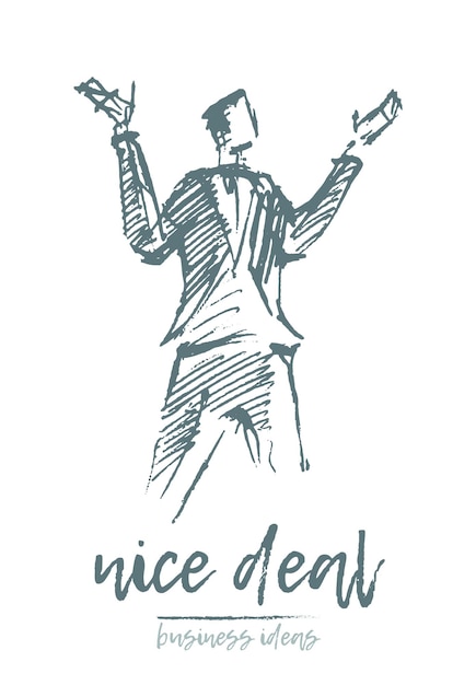 Хорошая сделка концепция бизнес-векторная иллюстрация, мужчина с поднятыми в восхищении руками, эскиз