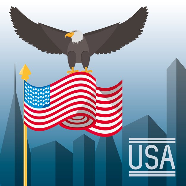 nice eagle with american flag in the city