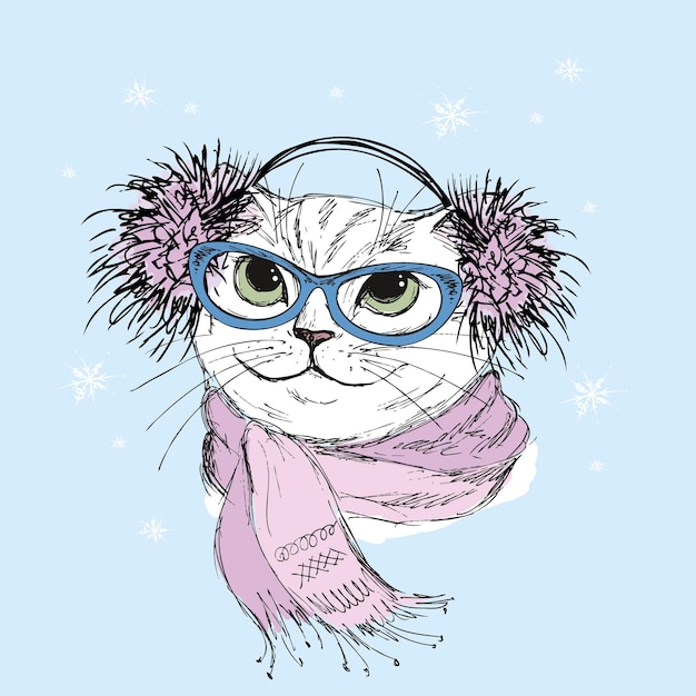 Красивый модный хипстерский кот с нарисованной вручную векторной иллюстрацией