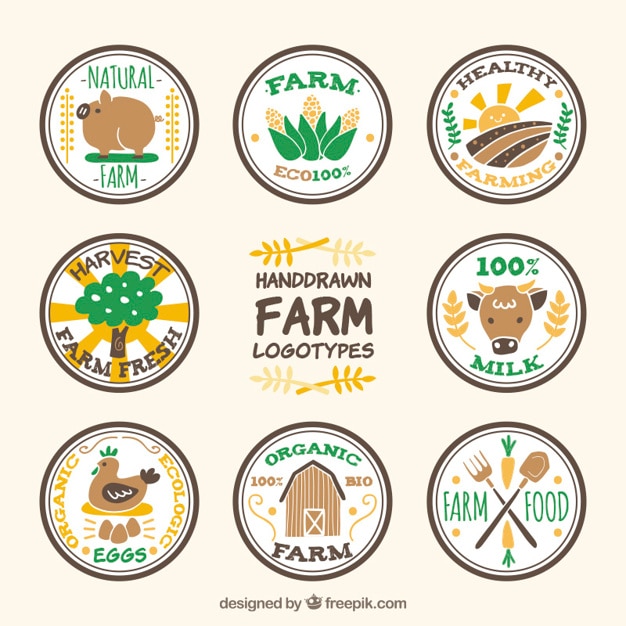 Vector nice hand drawn circular farm logotypes pack