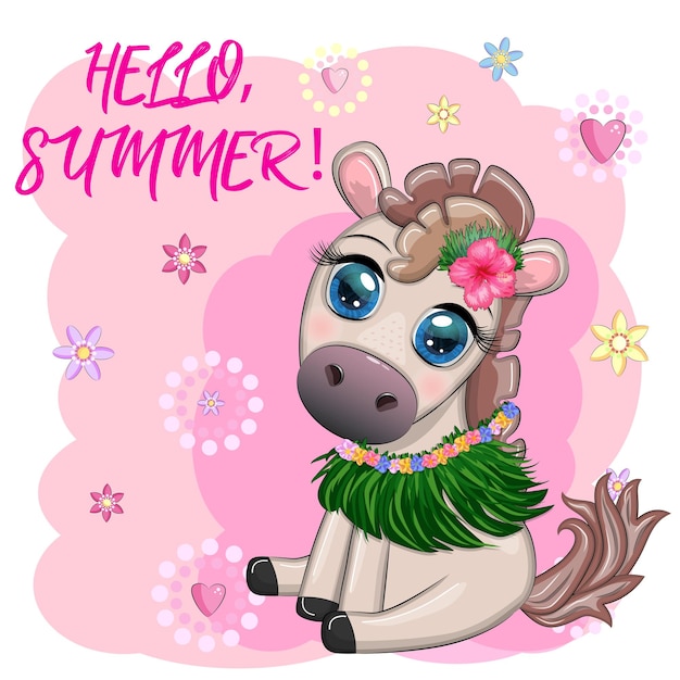 축제 여행 배너를 위한 하와이 여름 카드의 꽃 화환 모자 기타 훌라 댄서의 멋진 말 조랑말