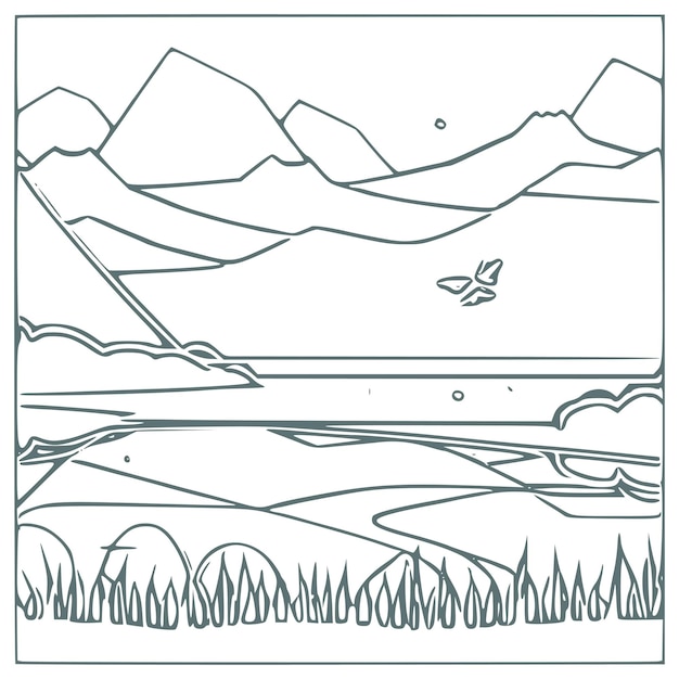 Вектор Хорошая горная река и пейзаж неба, раскрашивающий книжную векторную иллюстрацию