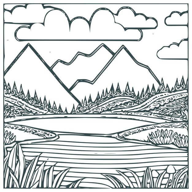 Вектор Хорошая горная река и пейзаж неба, раскрашивающий книжную векторную иллюстрацию