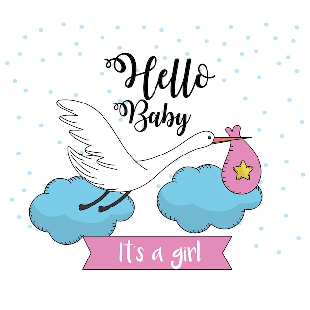 Vector nice stork with bag to baby shower card