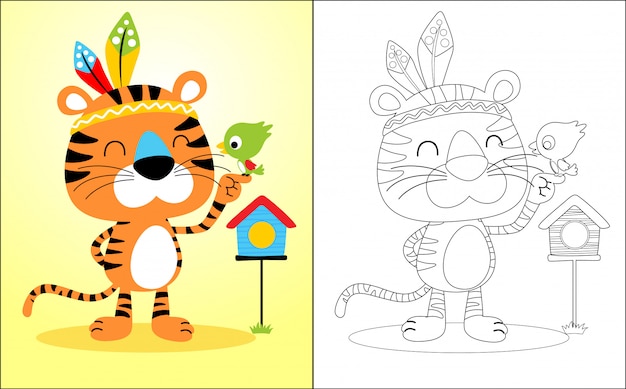 Nice tiger cartoon with little bird