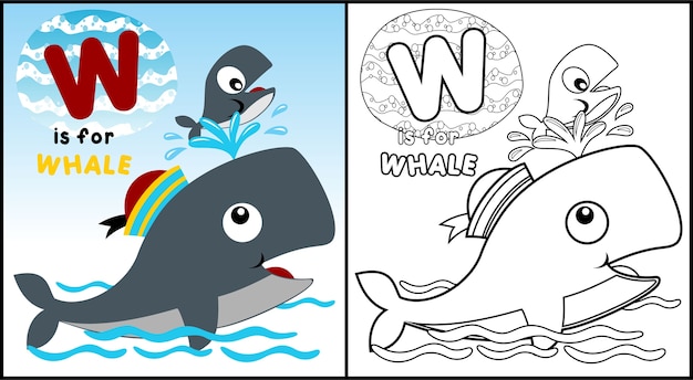 Nice whale family cartoon coloring book or page