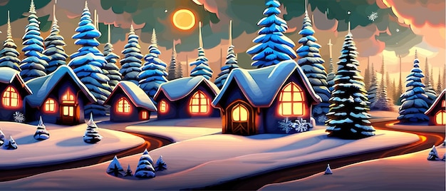 Nice winter landscape fabulous lovely houses with warm light in the windows in the snowy valley in