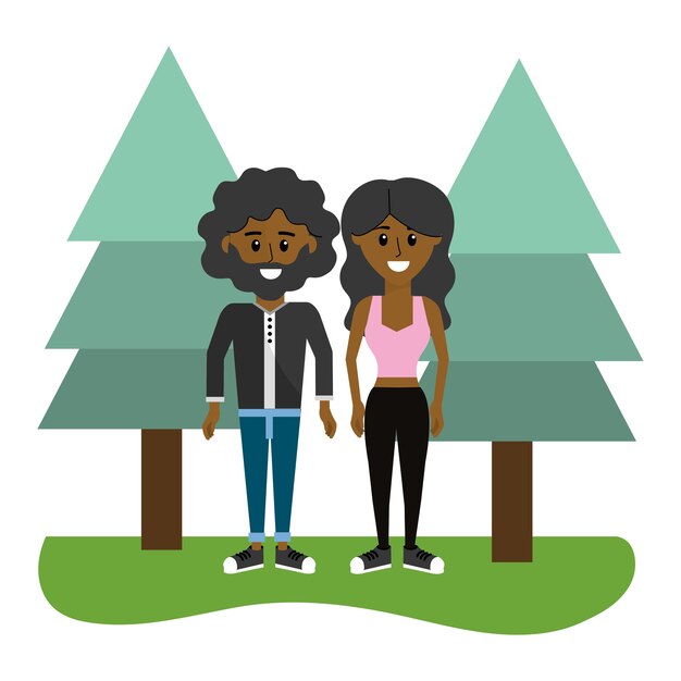 Vector nice woman and man couple with pine trees