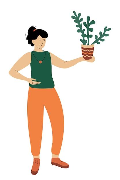 Vector nice woman with a crassula ovata potted house plant