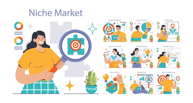 Vector niche market set exploring target audience value proposition and market trends segmentation