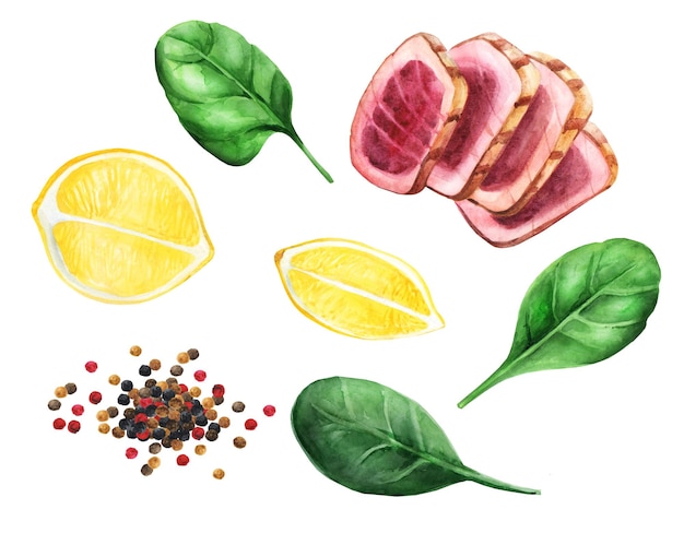 Insalata nizzarda con bistecca di tonno basilico olive uovo e pomodori su piatto bianco illustrazione dell'acquerello