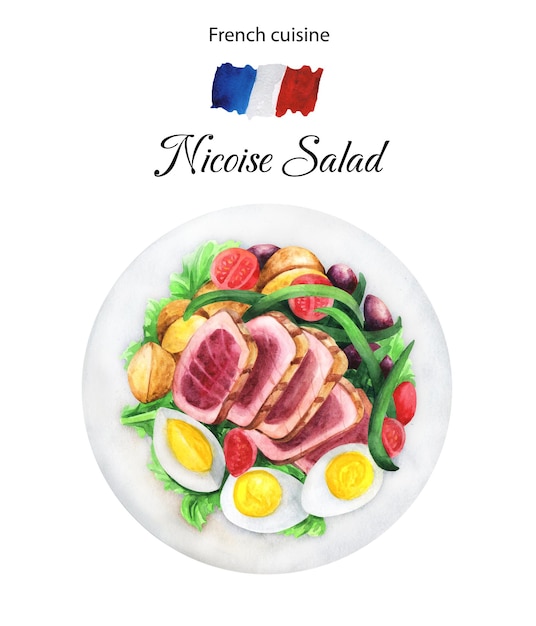 Nicoise salade met tonijnsteak basilicum ei en tomaten op plaat Aquarel illustratie