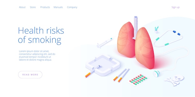 Dipendenza da nicotina o illustrazione di dipendenza dal fumo nel disegno vettoriale isometrico. sigarette e polmoni con posacenere e accendino come concetto per tossicodipendente o fumatore di tabacco. modello di layout banner web.