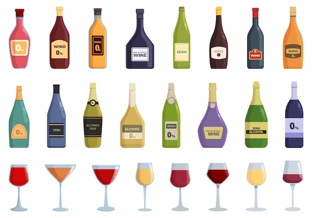Niet-alcoholische wijn pictogrammen instellen cartoon vector zomerfeest