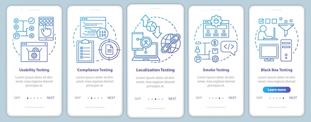 Niet-functionele software testen onboarding mobiele app paginascherm vectorsjabloon