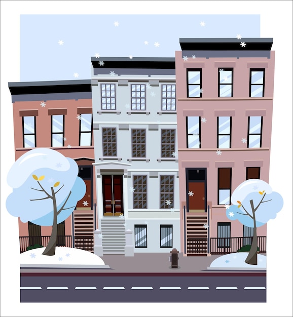 Niet-lineaire huizen kijken uit de afbeelding platte cartoon stijl vector winter stad straat boomhutten fl