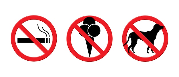 Niet roken geen eten geen honden verboden borden geïsoleerd op een witte achtergrond rode verboden cirkel vector stickers voor openbare ruimte