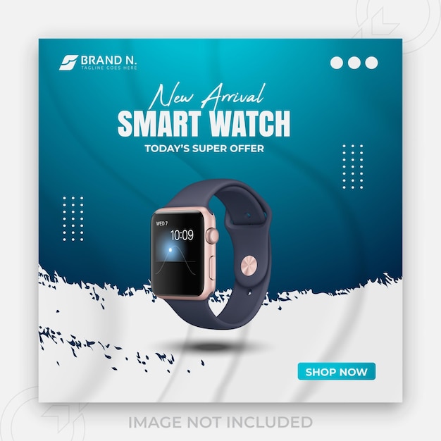 Nieuw arrivai smartwatch en 2 kleurverloop heldere achtergrond of digitale branding zakelijke social media banner ontwerpsjabloon