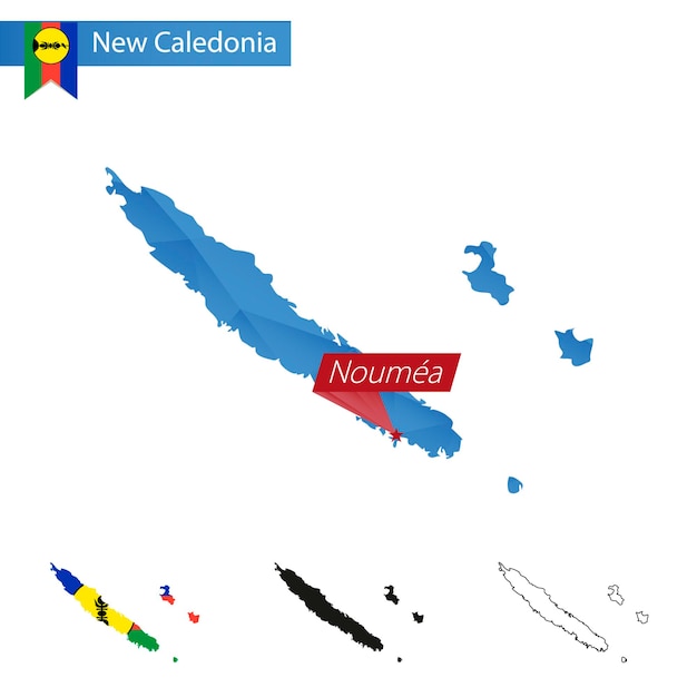 Nieuw-Caledonië blauwe Low Poly kaart met hoofdstad Noumea