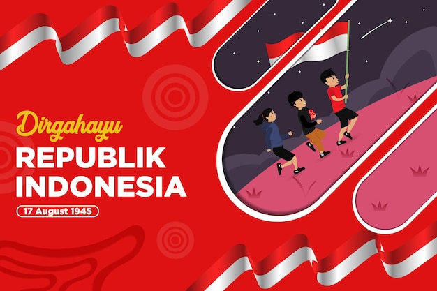 Nieuw concept Indonesië Onafhankelijkheidsdag Vector met illustratie van kinderen die rennen met vlag