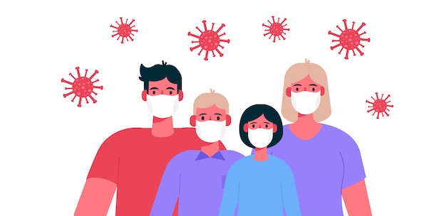 Vector nieuw coronavirus 2019-ncov. familie die beschermend medisch masker draagt