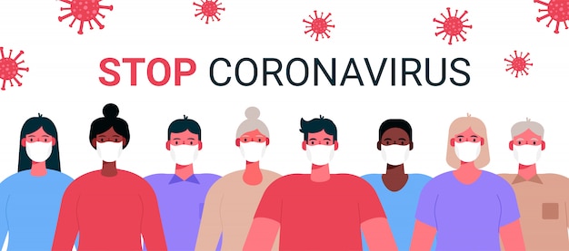 Nieuw coronavirus 2019-ncov. groep mensen, volwassenen, oude mensen dragen witte medische gezichtsmaskers